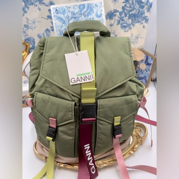 🆕 GANNI 🧿 NWT Recycled Tech Backpack, Kalamata Green & Purple/Pink - Picture 2 of 11